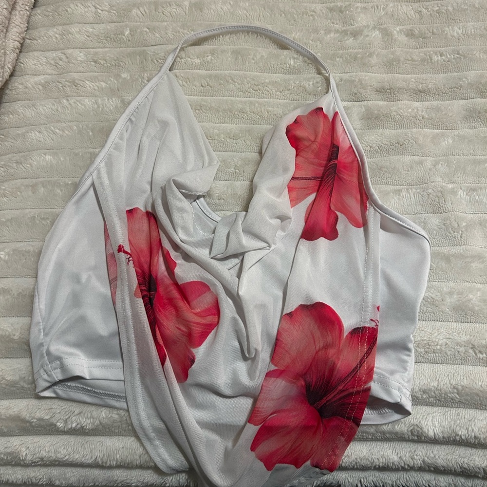 SHEIN White and Pink Floral Crop Top